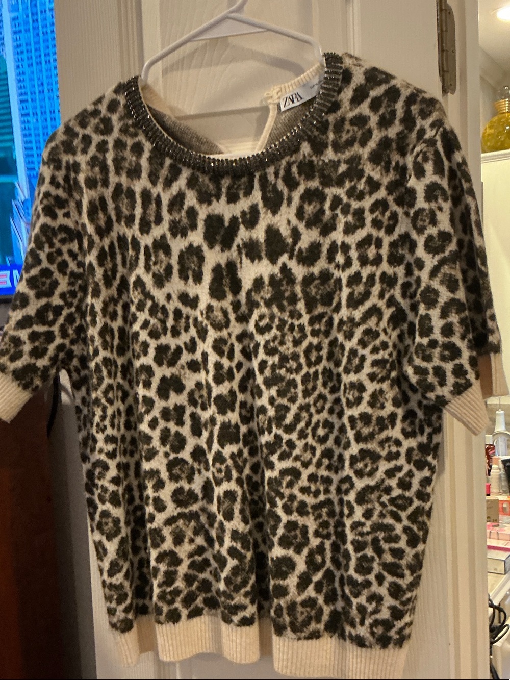 Zara Cream & Black Leopard Print Short Sleeve Sweater with Beaded Neckline